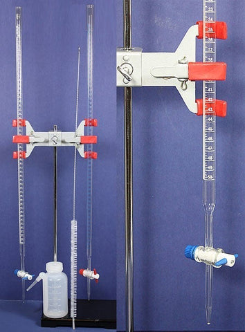 Dual 50 mL Deluxe Burette Kit - Includes: (2) 50 mL Glass Burettes, Stand, Clamp, Cleaning Brush, & 250 mL Filling Bottle